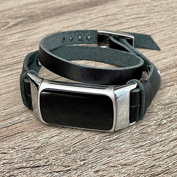 Double Wrap Black Leather Strap Silver Fitbit Charge 5 Band Women Wristband - Picture 7 of 8